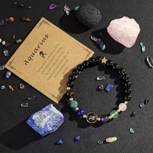 Zodiac Bracelets for Women 12 Constellations Healing Crystal Stone Beads Bracelet Birthday Zodiac Gifts Horoscope Spiritual Bracelet - color: Aquarius