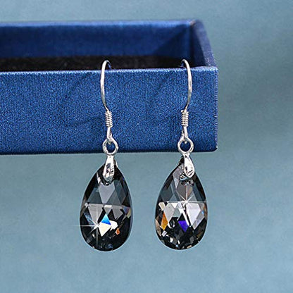 Austrian Crystal Teardrop Drop Earrings for Women, French Hook | 925 Sterling Silver Hook, Crystal Dangle Earrings, Sparkly Teardrop Stone, Lightweight Feel, Day-To-Evening Wear - color: Grey-Black