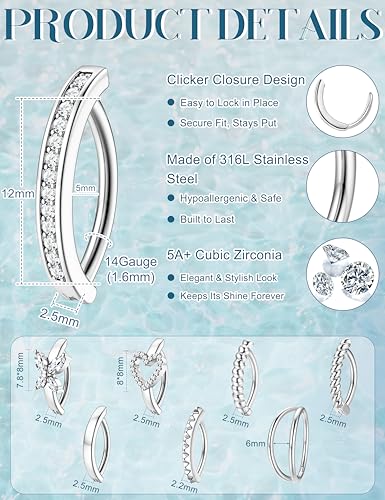 ORAZIO 8Pcs Belly Button Ring Surgical Steel 14G Clicker Belly Rings for Women CZ Heart Butterfly Belly Button Piercing Simple Reverse Navel Barbell Rings Body Piercing Jewelry - color: Silver Plated-12mm