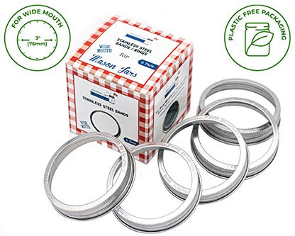 Mason Jar Lifestyle Stainless Steel Rust Proof Bands/Rings with Stamped Logo (5 Pack, Wide Mouth) - size: Wide Mouth