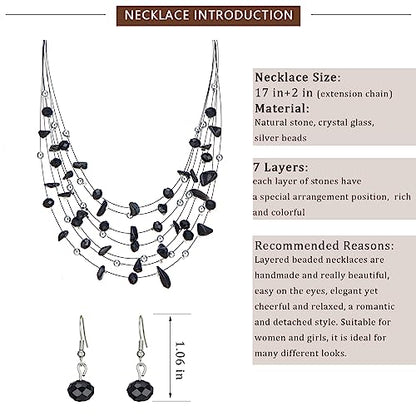 Multi-Layer Boho Shell Beaded Necklace for Women Colorful Crystal Strand with Silver Beads Statement Collars Necklace and Earrings Costumes Jewelry Sets for Women - color: 48-Black