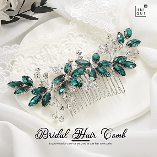 Casdre Crystal Bride Wedding Hair Comb Silver Leaf Bridal Hair Accessories Rhinestone Party Prom Hair Piece for Women and Girls (C Green) - color: C Green