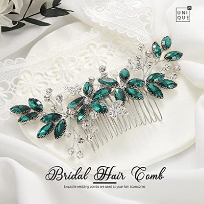 Casdre Crystal Bride Wedding Hair Comb Silver Leaf Bridal Hair Accessories Rhinestone Party Prom Hair Piece for Women and Girls (C Green) - color: C Green
