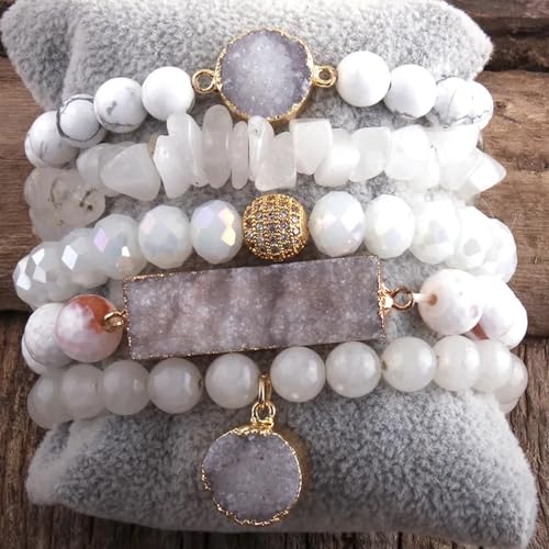 Yomisa 5PCS 6PCS Natural Boho Beaded Bracelets/Bangle for Women Men,Healing Turquoise Jasper Agate Crystal Gemstone Stone Chakra Multilayer Wrap Bohemian Handmade Jewelry Beads Stretch Bracelet Set - color: 5PCS-White