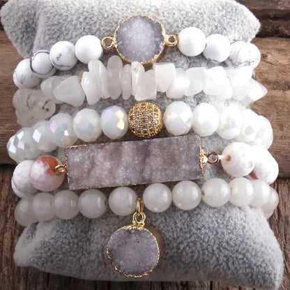 Yomisa 5PCS 6PCS Natural Boho Beaded Bracelets/Bangle for Women Men,Healing Turquoise Jasper Agate Crystal Gemstone Stone Chakra Multilayer Wrap Bohemian Handmade Jewelry Beads Stretch Bracelet Set - color: 5PCS-White