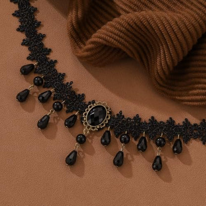 Gothic Lace Choker Vampire Necklace for Women,Black Lace Red Crystal Pendant Necklaces for Halloween,Goth Black Necklace Jewelry Witch Costume Vampire Accessories - style: Style Black