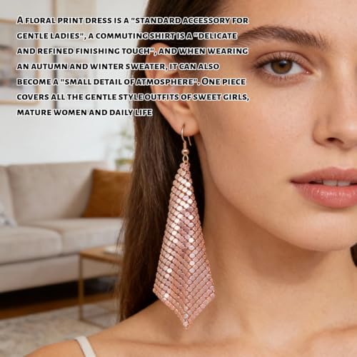 Mesh Sequin Tassel Long Drop Earrings for Women, Lightweight Metal Grid Fringe Dangle Earrings, Colorful Sparkly Alloy Wedding Bridal Party Jewelry (1 pair) - color: Rose Gold