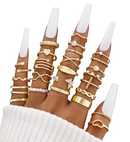 iF YOU 25 Pcs Gold Stackable Ring Set for Women, Chunky Knuckle Finger Midi Rings, Silver Simple Stacking Cute Rings Pack Trendy Stuff Jewelry Gift - style: 25 Gold thin rings