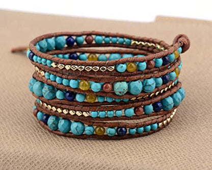 Boho Wrap Bead Bracelet for Women - Handmade Adjustable Natural Stone Beaded Bracelets Yoga Healing Bracelet Bangle Hippie Jewelry - color: Turquoise