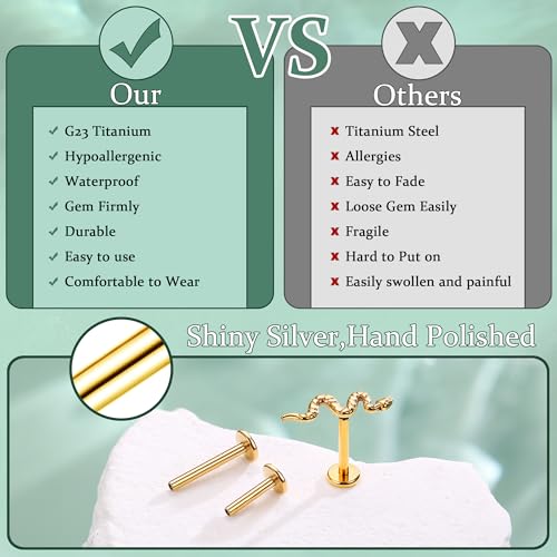 LOLIAS 16G G23 Titanium Tragus Conch Helix Piercing Jewelry 6mm 8mm 10mm - Internally Threaded Flat Back Stud Cartilage Earrings Hypoallergenic Forward Earlobe Labret Tragus Piercing Jewelry - color: Snake-14K Gold