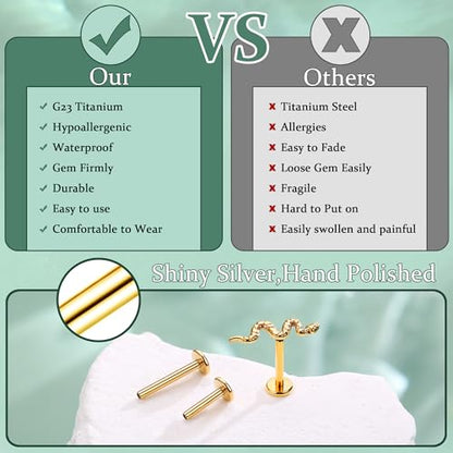 LOLIAS 16G G23 Titanium Tragus Conch Helix Piercing Jewelry 6mm 8mm 10mm - Internally Threaded Flat Back Stud Cartilage Earrings Hypoallergenic Forward Earlobe Labret Tragus Piercing Jewelry - color: Snake-14K Gold