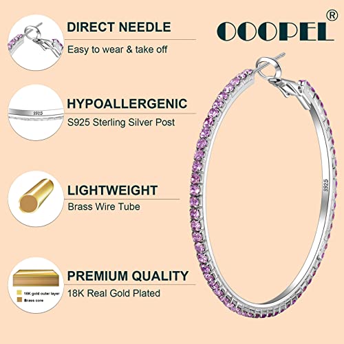 925 Sterling Silver Earrings Large Rhinestone Hoop Earrings Big Cubic Zirconia Hoop Earrings Thin Rhinestones Round Hoop Earrings for Women 20/30/40/50/60/70mm Sparkly Hoops With Crystals for Womens - color: purple,50mm