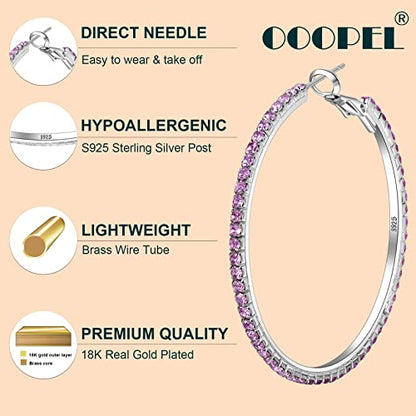 925 Sterling Silver Earrings Large Rhinestone Hoop Earrings Big Cubic Zirconia Hoop Earrings Thin Rhinestones Round Hoop Earrings for Women 20/30/40/50/60/70mm Sparkly Hoops With Crystals for Womens - color: purple,50mm