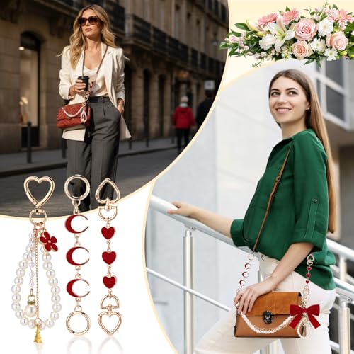Sureio 5 Pcs Bag Extender Chain Pearl Purse Chain Ribbon Bow Keychain Extender Bag Strap Purse Charms Accessories for Handbag - color: Gold and Red