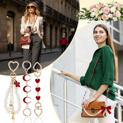 Sureio 5 Pcs Bag Extender Chain Pearl Purse Chain Ribbon Bow Keychain Extender Bag Strap Purse Charms Accessories for Handbag - color: Gold and Red