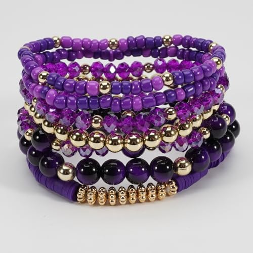 7Pcs Bohemia Multilayer Stackable Crystal Beaded Bracelet Set Multicolor Surfer Heishi Clay Gold Beaded Friendship Stretch Bracelets for Women Men Summer Beach Boho Vacation Jewelry Gifts - color: Purple