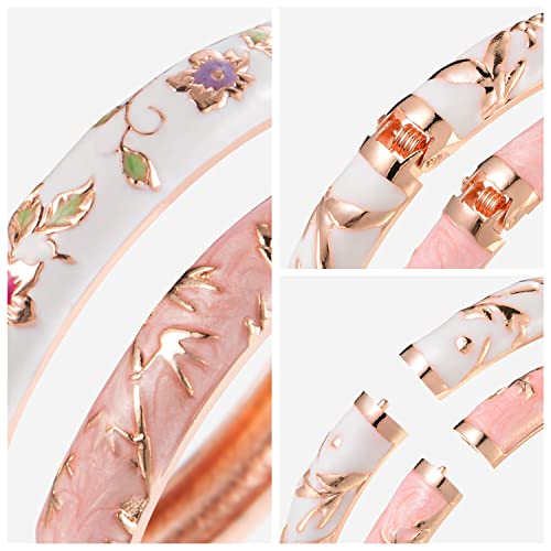 UJOY Cloisonne Bracelet Butterfly Hinge Indian Cuff Bangle Enameled Jewelry Flower Bracelets for Women Gift Box 55A114 - color: A117-2 Pcs Set-White Pink