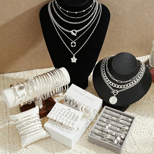 17 MILE 78 Pieces Gold Jewelry Set for Women, 9 Necklace, 24 Bracelet, 22 Earrings, 23 Knuckle Rings Gold Plated Jewerly set for Women Gift - color: silver Jewelry Set-chunky