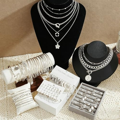17 MILE 78 Pieces Gold Jewelry Set for Women, 9 Necklace, 24 Bracelet, 22 Earrings, 23 Knuckle Rings Gold Plated Jewerly set for Women Gift - color: silver Jewelry Set-chunky