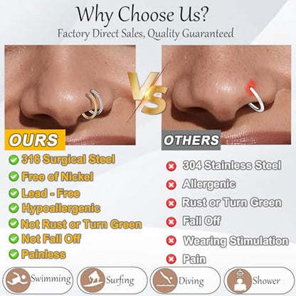 Nose Rings 20G 18G 16G 316L Surgical Steel Hinged Clicker Segment Nose Hoop Helix Cartilage Daith Tragus Sleeper Earrings Body Lip Piercing Jewelry for Women Men 6mm 7mm 8mm 10mm 12mm - style: 09:Black-16G*6/8/10/12mm(8pcs)