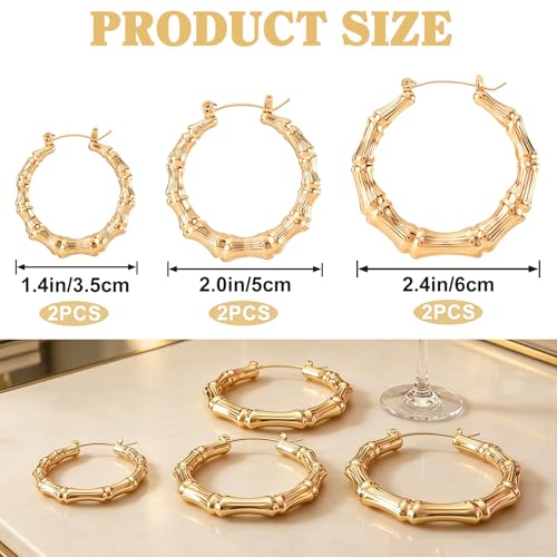 PAGOW 3 Pairs Large Bamboo Earrings, 14K Gold Plated Hoop Bamboo Earrings | Round Hoop Y2K Earrings, Hypoallergenic 80s 90s Shiny Hip Hop Earring Hoops for Women Jewelry Party - 3 Sizes - color: gold,hoop 3 sizes