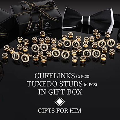 HAWSON 18K Gold Tone Initial Cufflinks for Men with Tuxedo Studs - Gift Boxed, Stylish Men's Jewelry Accessories for Weddings, Birthdays, Anniversaries, Father's Day - color: H-Cufflinks & Studs Set