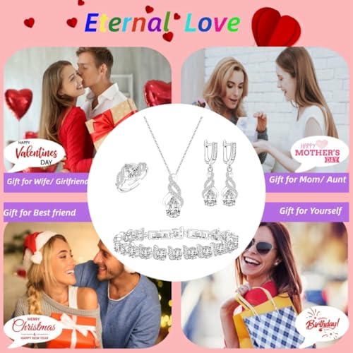 LMXXVJ Jewelry Set for Women,Teardrop Cubic Zirconia Necklace Earrings Adjustable Ring Bracelet Jewelry Set Formal Jewelry Gift - color: MHSD-White Gold-White