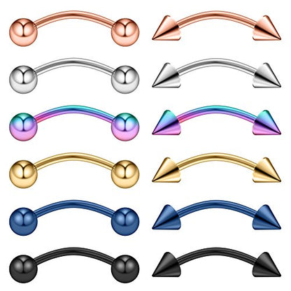 Ruifan 12pcs Surgical Steel Tiny Curved Eyebrow Ear Navel Belly Lip Ring Barbell Piercing Jewelry 20g 6mm/8mm/10mm - style: 12PCS - 20G 3/8" w Balls & Spikes