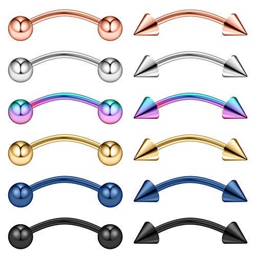 Ruifan 12pcs Surgical Steel Tiny Curved Eyebrow Ear Navel Belly Lip Ring Barbell Piercing Jewelry 20g 6mm/8mm/10mm - style: 12PCS - 20G 3/8" w Balls & Spikes