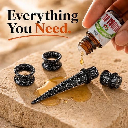 BodyJ4You 54PC Ear Stretching Kit 14G-12mm - Aftercare Jojoba Oil - Acrylic Plugs Gauge Tapers Silicone Tunnels - Lightweight Expanders Men Women - color: Black, White Splatter