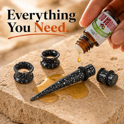 BodyJ4You 54PC Ear Stretching Kit 14G-12mm - Aftercare Jojoba Oil - Acrylic Plugs Gauge Tapers Silicone Tunnels - Lightweight Expanders Men Women - color: Black, White Splatter