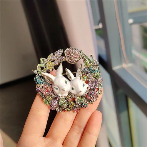 Vintage Rabbit Rhinestone Wreath Brooch Lapel Pins for Women Girls Fashion Crystal Bunny Animal Bff Brooches Pin Dainty Cute Easter Day Party Friendship Clothes Accessory Jewelry Christmas Birthday