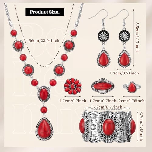 Ecally Bohemian Western Jewelry Turquoise Set Women Country Pendant Long Choker Layered Bracelets Earrings Ring for Women - color: Red, style: Stylish