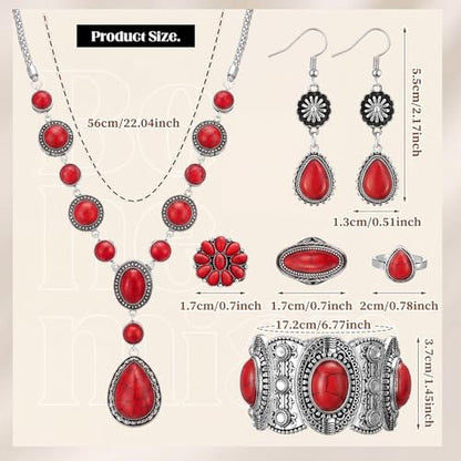 Ecally Bohemian Western Jewelry Turquoise Set Women Country Pendant Long Choker Layered Bracelets Earrings Ring for Women - color: Red, style: Stylish