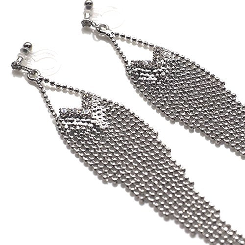Dangle Silver Invisible Clip On Earrings for Women Not Pierced Gold Crystal Rhinestone Comfortable Hoop Fringe Long Chain Clip On Earrings - color: Fringe Silver 2