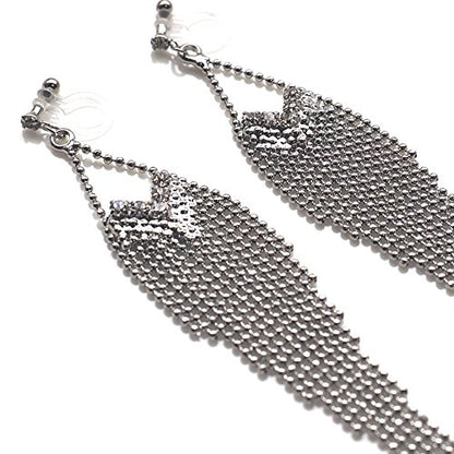 Dangle Silver Invisible Clip On Earrings for Women Not Pierced Gold Crystal Rhinestone Comfortable Hoop Fringe Long Chain Clip On Earrings - color: Fringe Silver 2