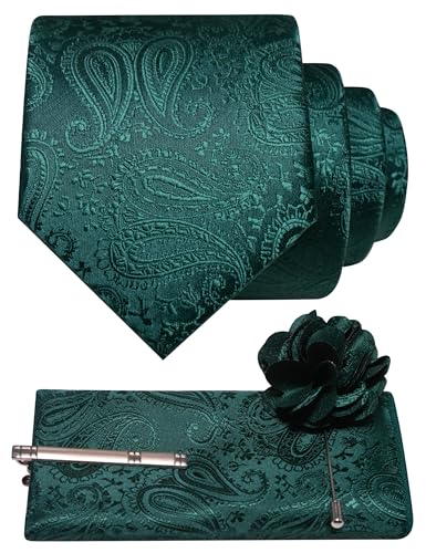 JEMYGINS Mens Paisley Tie and Lapel Pin Necktie Pocket Square and Tie Clip with Sets for Business Casual 4PCS - color: Emerald Green
