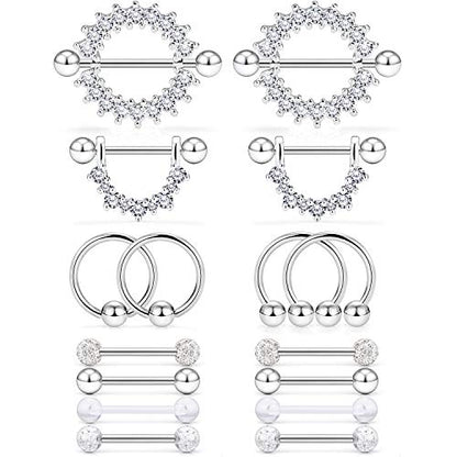 Cisyozi 16G 14G Nipple Piercing Jewelry Tongue Rings Hypoallergenic Surgical Steel Screw Nipple Tongue Shield Ring Barbell Body Piercing Jewelry Retainer for Women 9/16 Inch 14mm - color: A:14G(1.6MM)-8Pairs - Silver