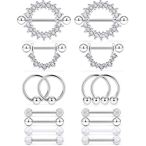 Cisyozi 16G 14G Nipple Piercing Jewelry Tongue Rings Hypoallergenic Surgical Steel Screw Nipple Tongue Shield Ring Barbell Body Piercing Jewelry Retainer for Women 9/16 Inch 14mm - color: F:8Pairs-16g(1.2mm)-Silver