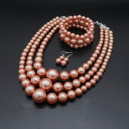 Big Chunky Pearl Necklace and Earrings Set Large Costume 1920s Faux Pearls Gatsby Accessories - color: A-Champagne pearl necklace set