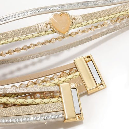 Suyi Multilayer Leather Wrap Bracelet Heart-Shape Wide Bracelets for Women - color: Khaki 2