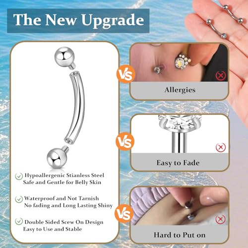 3-12 Pcs 14G Belly Button Rings Belly Rings for Women CZ Opal Navel Rings Belly Piercings Jewelry Belly Barbells Stainless Steel Body Belly Button Piercing Jewelry - color: Silver 3pcs 10mm