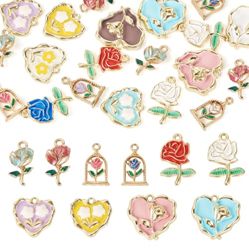 20Pcs Alloy Enamel Rose Charms Golden Plated 3D French Style Oil Painting Pendants Vinatge Floral Charms for Bracelet Necklace Earring - color: Golden Plated, 5 Styles