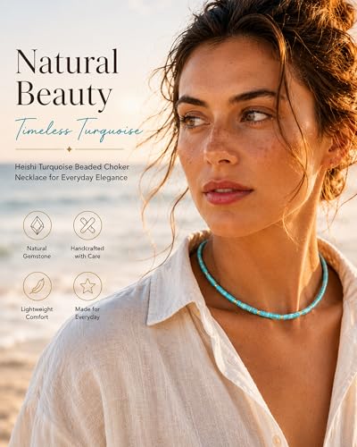 Natural Heishi Gemstone Choker Necklace for Women, Adjustable 15"+2" Beaded Layering Necklace, Coastal Beach Jewelry Gift for Her - color: Turquoise