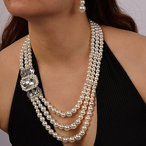 Aimimier 1920s 3-layered White Faux Pearl Necklace and Earrings Set with Crystal and Rhinestone Bridal Long Pearl Necklace Statement Women Jewelry - color: Crystal