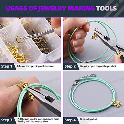 Swpeet 1414Pcs 4mm 5mm 6mm 8mm 10mm Open Jump Rings and Lobster Clasps with Jewelry Repair Tools Assortment Kit, Including Waxed Necklace Cords, 12mm Lobster Clasps, Tibetan Silver Pendant