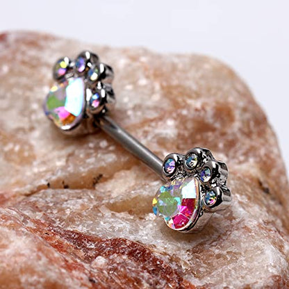 Pierced Owl Aurora Borealis CZ Crystal Dog Paw Nipple Barbell - 316L Stainless Steel - 14Gauge - 9/16 Inch - Pair