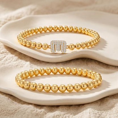 Initial Stack Bracelet Set for Women Trendy 14K Gold Plated Beaded Stackable Stacking Stretch Name Bracelets Dainty Friendship Waterproof Charm Cute Birthday Jewelry Gifts for Women - color: Initial E