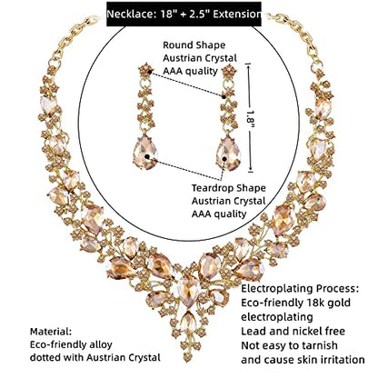 Paxuan Crystal Bridal Wedding Jewelry Sets for Women Rhinestone Teardrop Crystal Statement Choker Necklace Drop Earrings Link Bracelets Rings Teardrop Jewelry Set for Brides Bridesmaids - color: Champagne