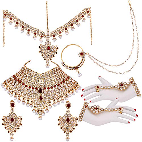 Aheli Bollywood Style Indian Bridal Choker Necklace Matha Patti Nose Ring Haath Phool Wedding Fashion Bharatanatyam jewellery set for Women - color: Maroon